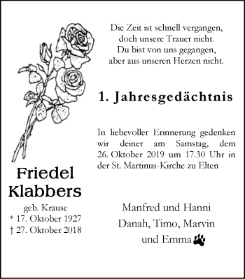 Traueranzeige von Friedel Klabbers von Stadtanzeiger Emmerich/Rees/Isselburg