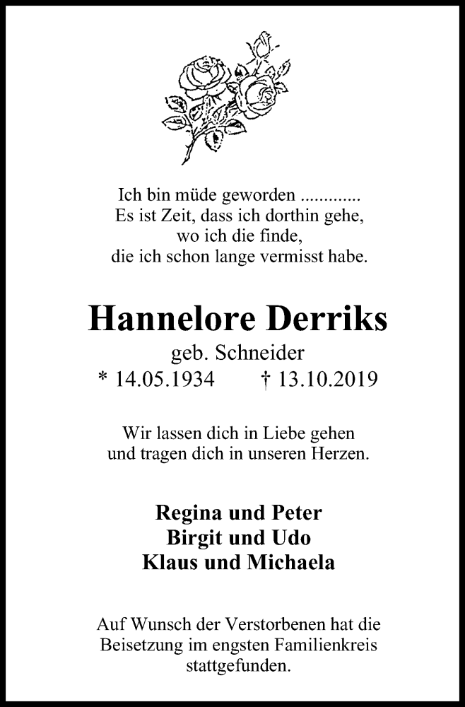  Traueranzeige für Hannelore Derriks vom 23.10.2019 aus Stadtspiegel Hattingen/Niedersprockhövel