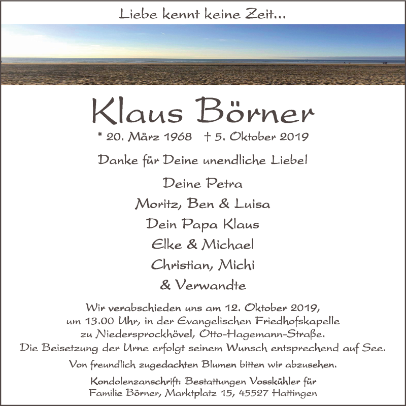  Traueranzeige für Klaus Börner vom 09.10.2019 aus Stadtspiegel Hattingen/Niedersprockhövel