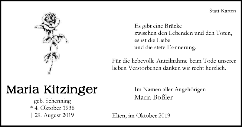  Traueranzeige für Maria Kitzinger vom 05.10.2019 aus Stadtanzeiger Emmerich/Rees/Isselburg