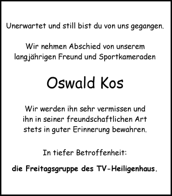 Traueranzeige von Oswald Kos von Stadtanzeiger Velbert + Heiligenhaus