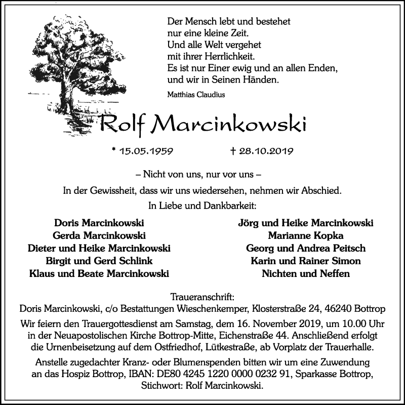  Traueranzeige für Rolf Marcinkowski vom 06.11.2019 aus Stadtspiegel Bottrop