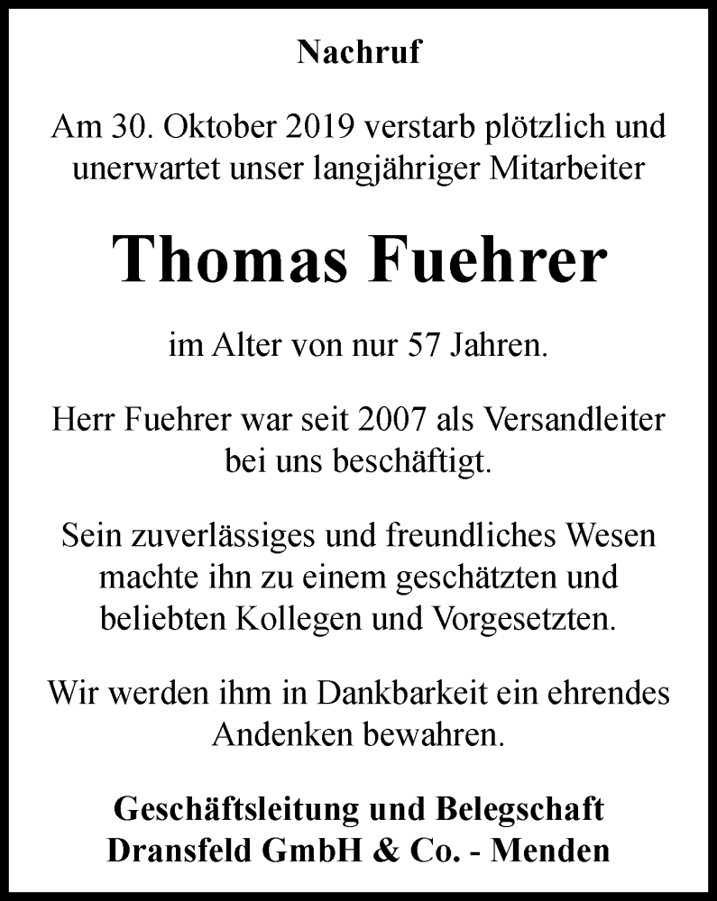  Traueranzeige für Thomas Fuehrer vom 13.11.2019 aus Stadtspiegel Menden+Fröndenberg+Iserlohn/Hemer