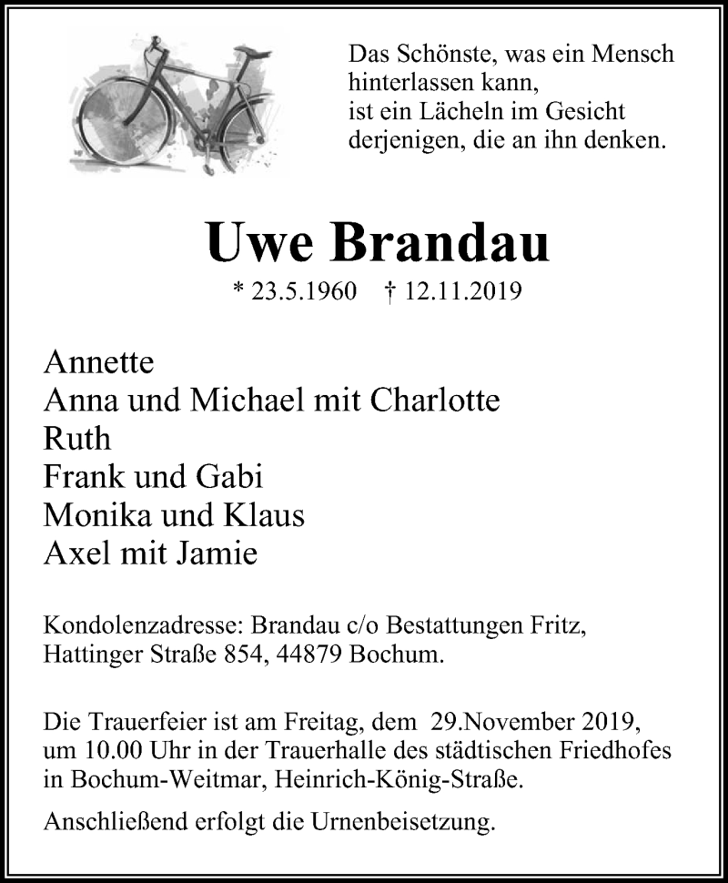  Traueranzeige für Uwe Brandau vom 23.11.2019 aus Stadtspiegel Hattingen/Niedersprockhövel