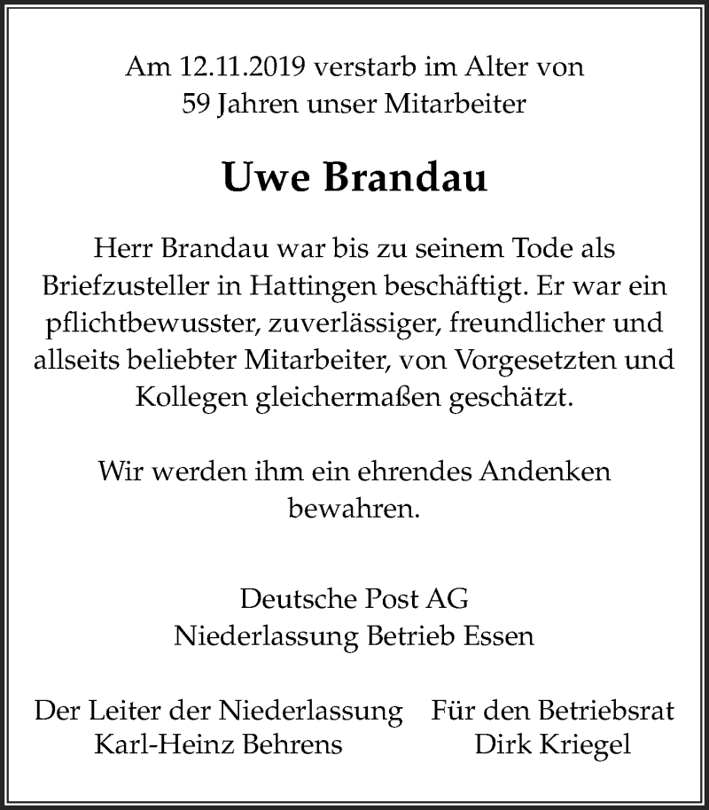  Traueranzeige für Uwe Brandau vom 23.11.2019 aus Stadtspiegel Bochum + Wattenscheid