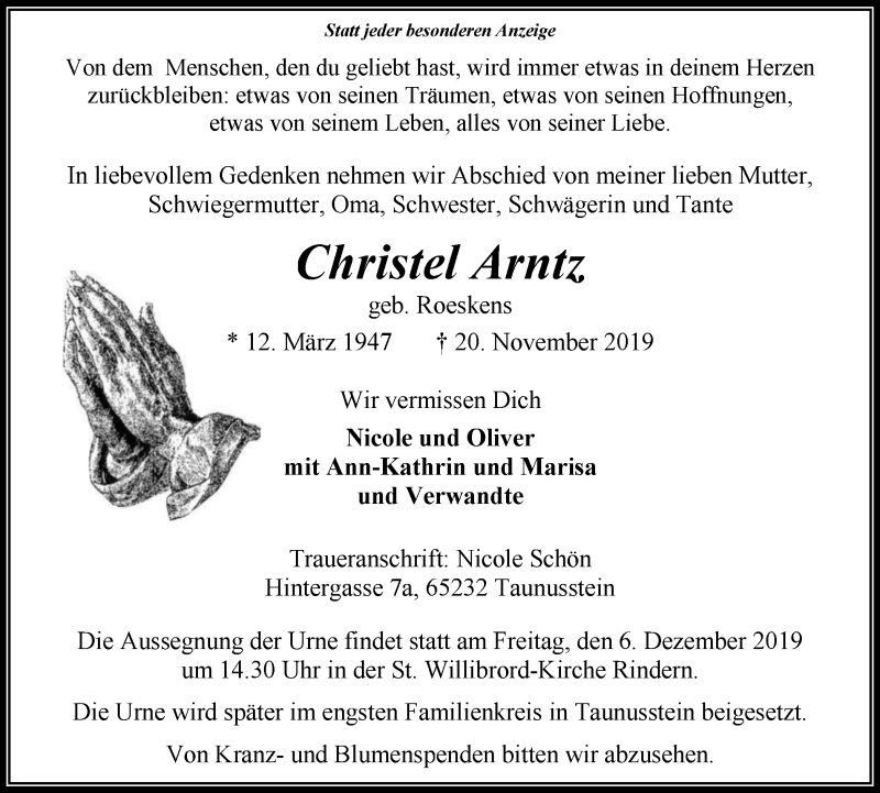  Traueranzeige für Christel Arntz vom 30.11.2019 aus Klever Wochenblatt