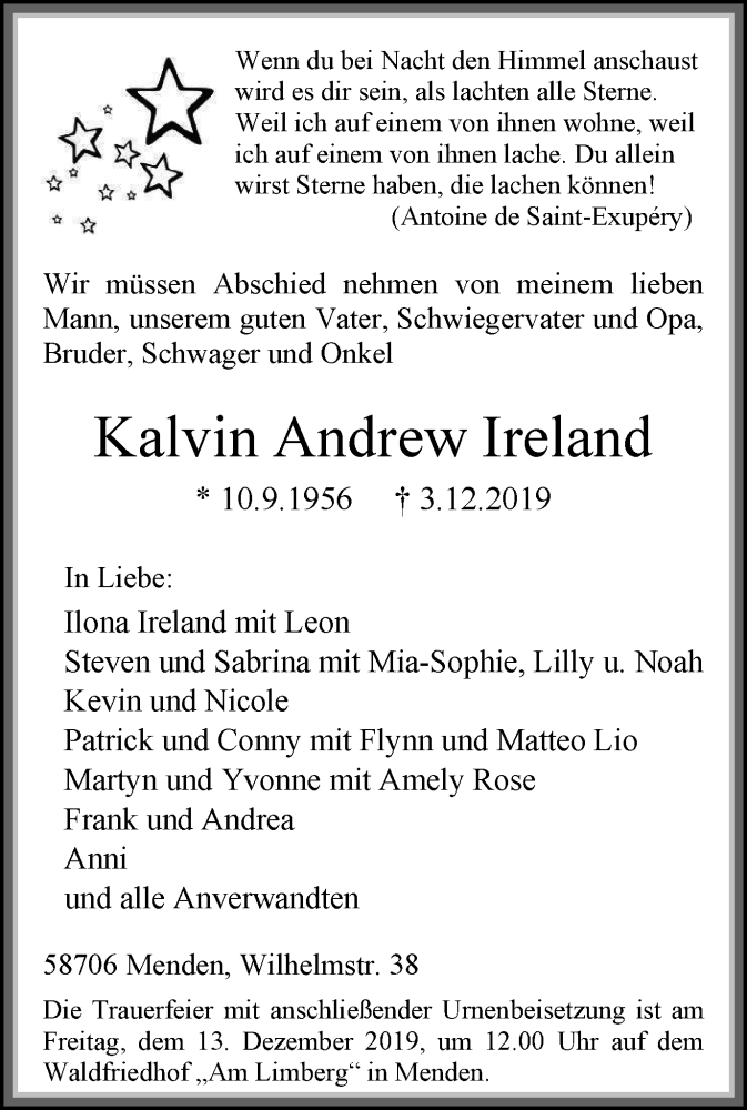  Traueranzeige für Kalvin Andrew Ireland vom 07.12.2019 aus Stadtspiegel Menden + Froendenberg
