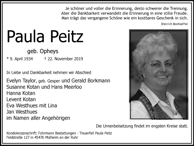 Traueranzeige für Paula Peitz vom 30.11.2019 aus Wochen-Anzeiger Oberhausen