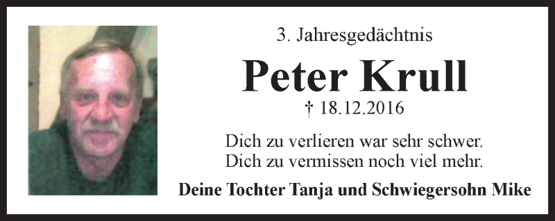  Traueranzeige für Peter Krull vom 18.12.2019 aus Stadtspiegel Bottrop