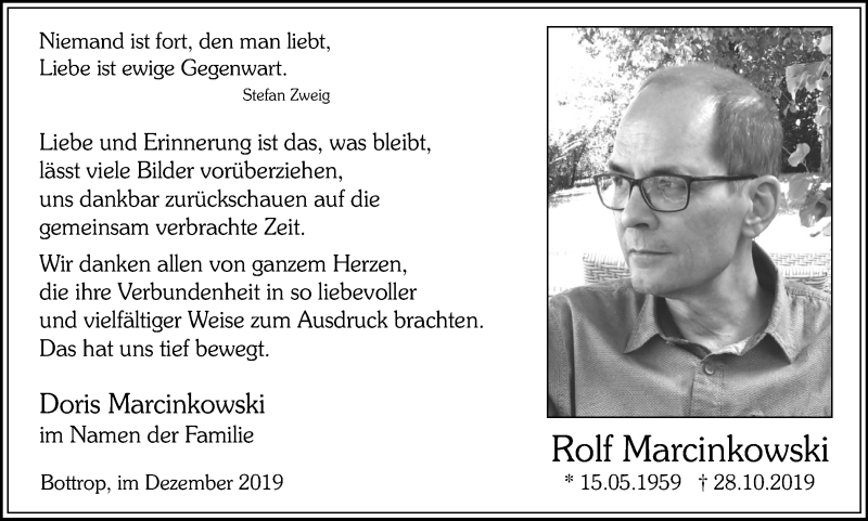  Traueranzeige für Rolf Marcinkowski vom 27.12.2019 aus Stadtspiegel Bottrop