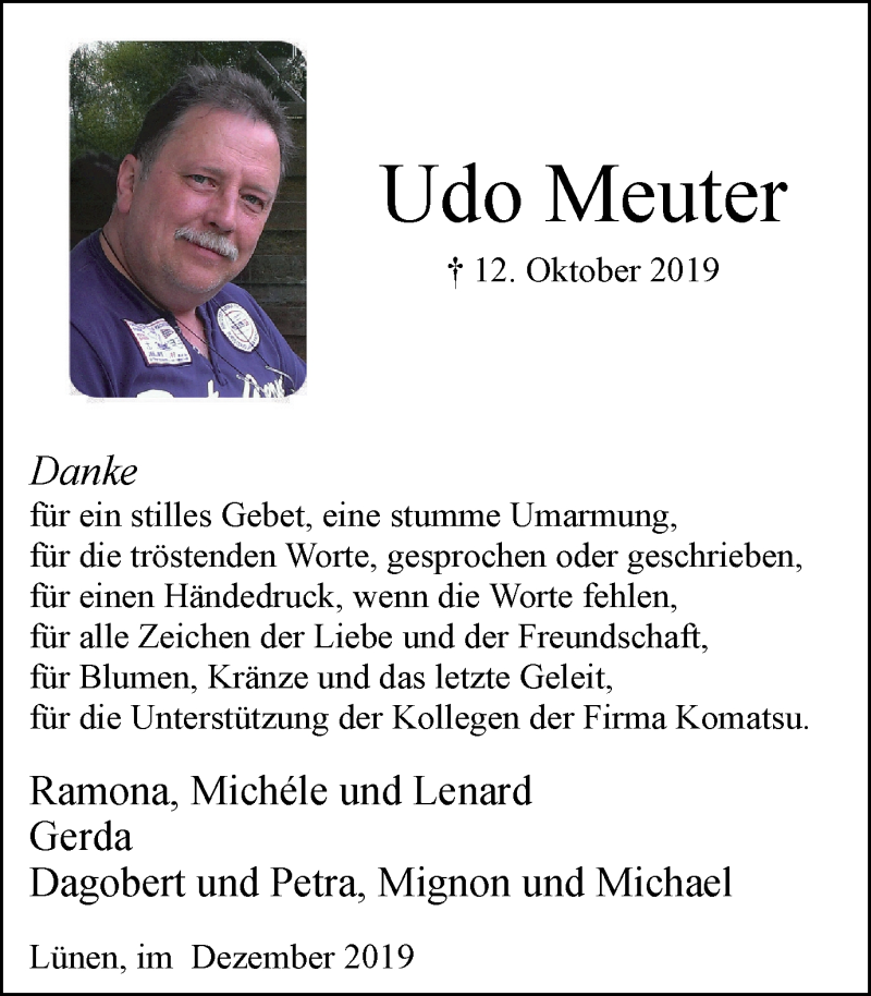 Traueranzeige für Udo Meuter vom 07.12.2019 aus Lüner Anzeiger
