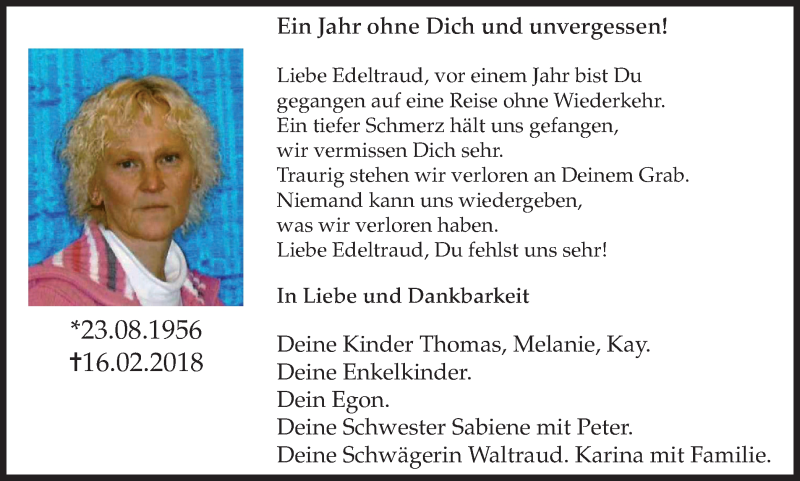  Traueranzeige für Edeltraud Hoffmann vom 20.02.2019 aus Stadtspiegel Haltern + Dorsten