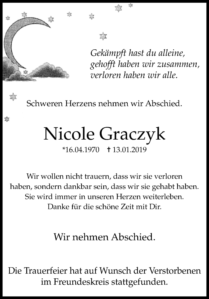  Traueranzeige für Nicole Graczyk vom 09.02.2019 aus Stadtanz.Castrop-Rauxel