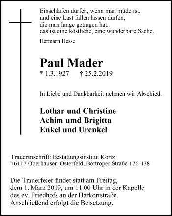 Traueranzeige von Paul Mader von Wochen-Anzeiger Oberhausen