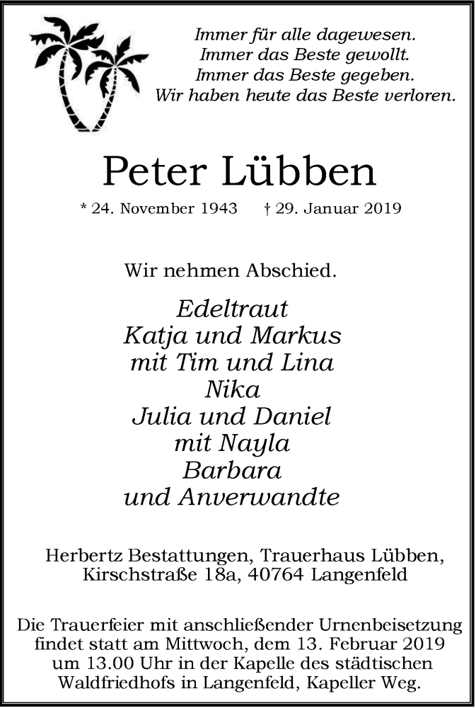  Traueranzeige für Peter Lübben vom 09.02.2019 aus Wochen-Anzeiger Langenfeld/Monheim/Hilden