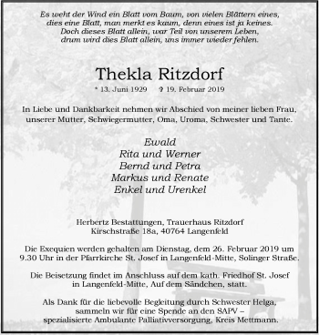 Traueranzeige von Thekla Ritzdorf von Wochen-Anzeiger Langenfeld/Monheim/Hilden