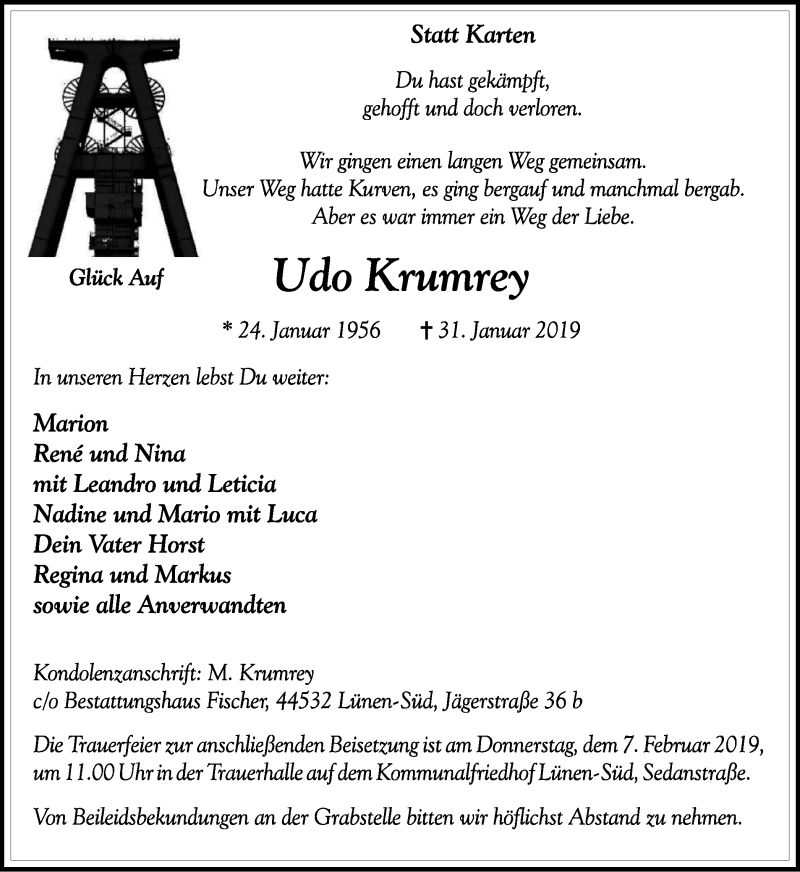  Traueranzeige für Udo Krumrey vom 02.02.2019 aus Lüner Anzeiger