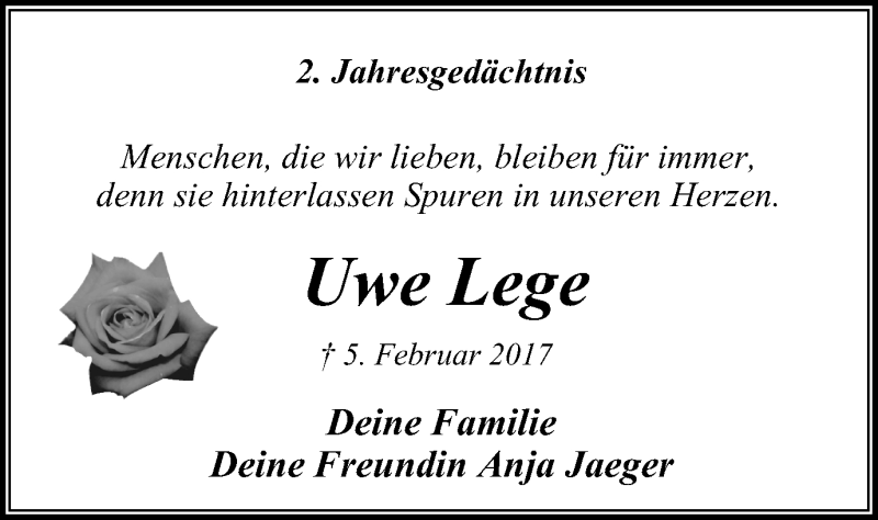  Traueranzeige für Uwe Lege vom 06.02.2019 aus Mülheimer Woche