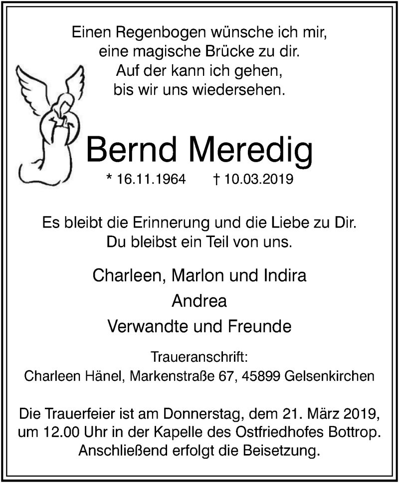  Traueranzeige für Bernd Meredig vom 20.03.2019 aus Stadtspiegel Bottrop