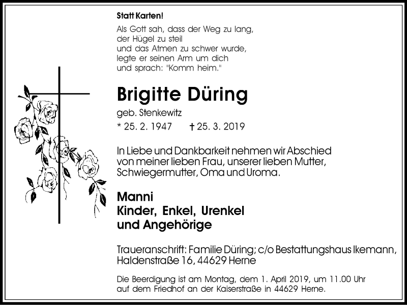  Traueranzeige für Brigitte Düring vom 30.03.2019 aus Wochenblatt Herne/Wanne-Eickel