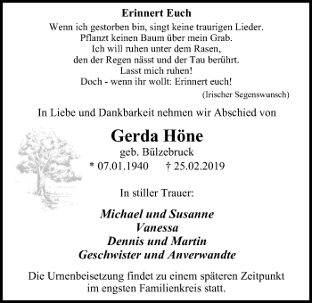 Traueranzeige von Gerda Höne von Wochen-Anzeiger Duisburg