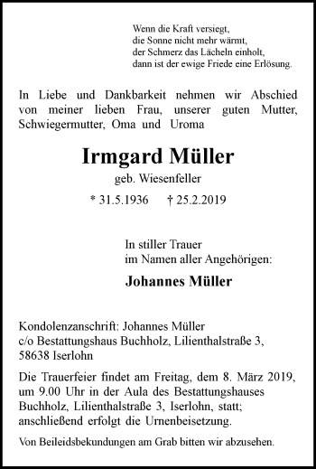 Traueranzeige von Irmgard Müller von Stadtspiegel Iserlohn + Hemer