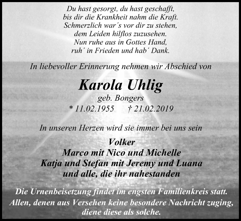  Traueranzeige für Karola Uhlig vom 16.03.2019 aus Wochen-Anzeiger Oberhausen
