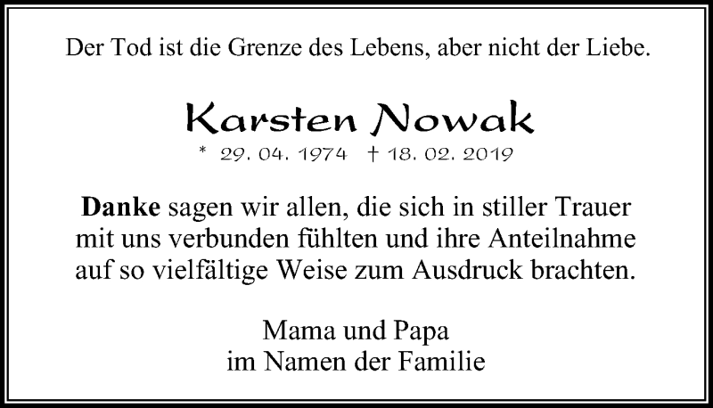  Traueranzeige für Karsten Nowak vom 30.03.2019 aus Stadtspiegel Bottrop