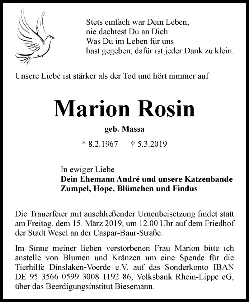  Traueranzeige für Marion Rosin vom 13.03.2019 aus Der Weseler + Der Xantener