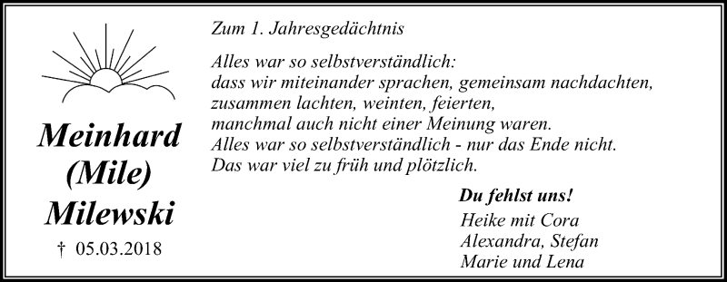  Traueranzeige für Meinhard Milewski vom 06.03.2019 aus Stadtspiegel Gelsenkirchen