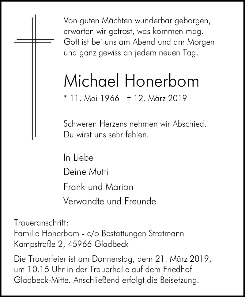  Traueranzeige für Michael Honerbom vom 16.03.2019 aus Stadtspiegel Gladbeck