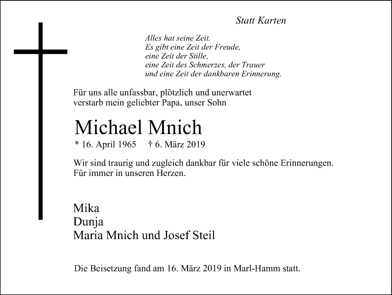  Traueranzeige für Michael Mnich vom 23.03.2019 aus Stadtanzeiger Velbert + Heiligenhaus