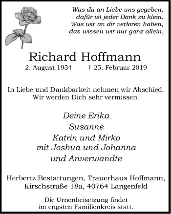 Traueranzeige von Richard Hoffmann von Wochen-Anzeiger Langenfeld/Monheim/Hilden