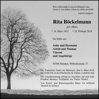 Traueranzeige von Rita Böckelmann von Stadtspiegel Menden + Froendenberg
