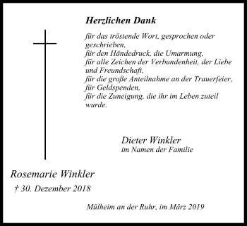 Traueranzeige von Rosemarie Winkler von Mülheimer Woche