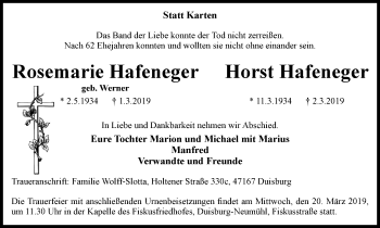 Traueranzeige von Rosemarie und Horst Hafeneger von Wochen-Anzeiger Oberhausen