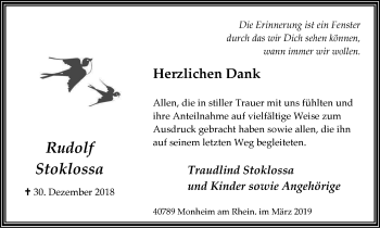 Traueranzeige von Rudolf Stoklossa von Wochen-Anzeiger Langenfeld/Monheim/Hilden