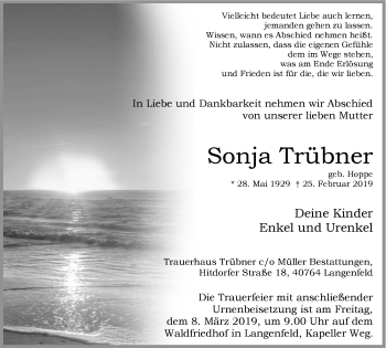 Traueranzeige von Sonja Trübner von Wochen-Anzeiger Langenfeld/Monheim/Hilden