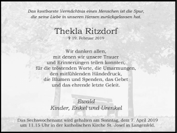 Traueranzeige von Thekla Ritzdorf von Wochen-Anzeiger Langenfeld/Monheim/Hilden