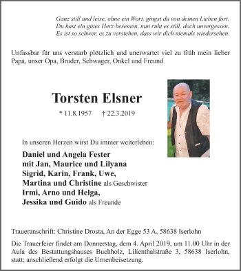 Traueranzeige von Torsten Elsner von Stadtspiegel Iserlohn + Hemer