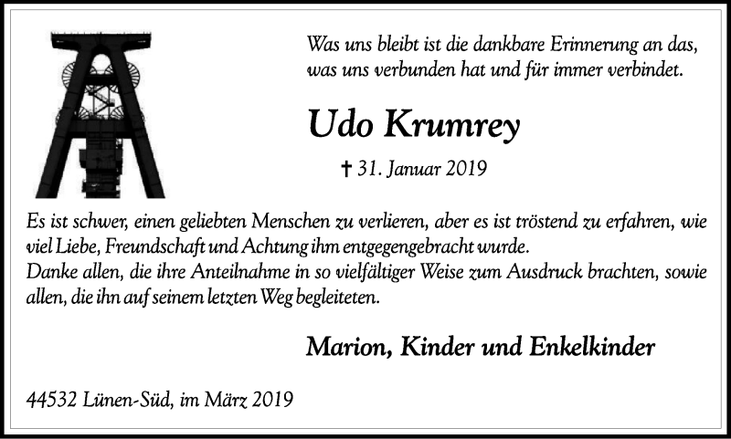  Traueranzeige für Udo Krumrey vom 23.03.2019 aus Lüner Anzeiger