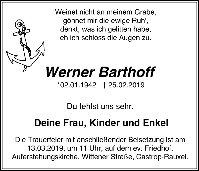  Traueranzeige für Werner Barthoff vom 09.03.2019 aus Stadtanz.Castrop-Rauxel