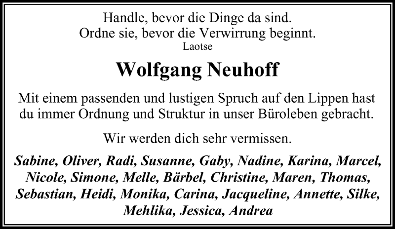  Traueranzeige für Wolfgang Neuhoff vom 09.03.2019 aus Wochen-Anzeiger Oberhausen
