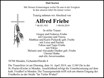 Traueranzeige von Alfred Friebe von Stadtspiegel Menden + Froendenberg