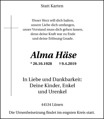 Traueranzeige von Alma Häse von Lüner Anzeiger