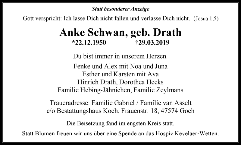  Traueranzeige für Anke Schwan vom 13.04.2019 aus Klever Wochenblatt