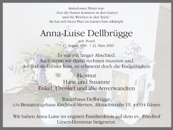 Traueranzeige von Anna-Luise Dellbrügge von Lüner Anzeiger