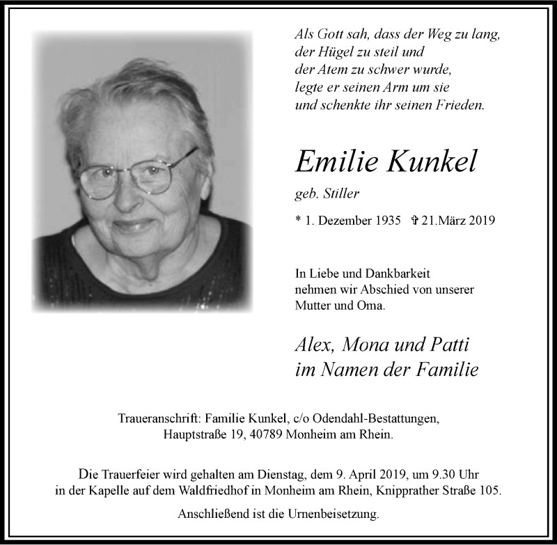  Traueranzeige für Emilie Kunkel vom 03.04.2019 aus Wochen-Anzeiger Langenfeld/Monheim/Hilden