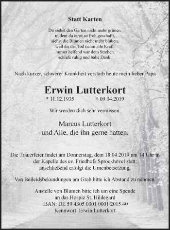 Traueranzeige von Erwin Lutterkort von Stadtspiegel Hattingen/Niedersprockhövel