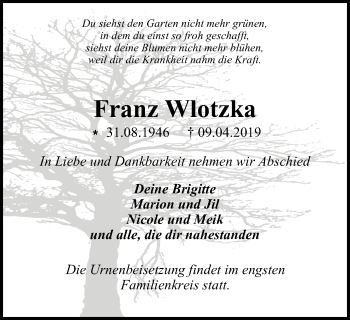 Traueranzeige von Franz Wlotzka von Wochenblatt Herne/Wanne-Eickel